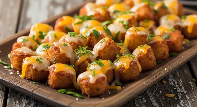 Delicious loaded tater tots with cheese and herbs on wooden plate