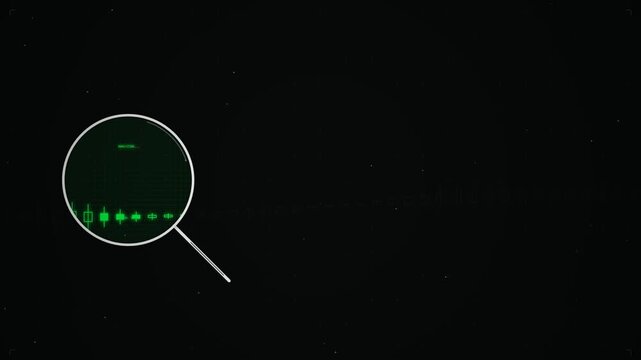 Digital magnifying glass scanning green financial market candlestick chart movement. Business data intelligence network analysis across dark cyberspace loop for modern corporate background graphic.