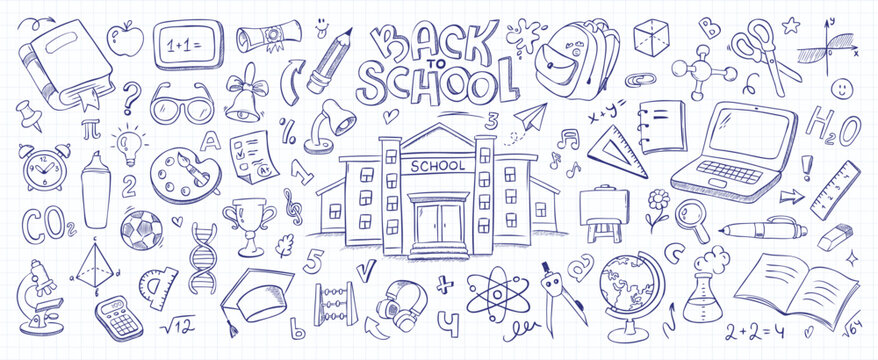 Hand drawn back to school doodle collection. Education and science icons on grid notebook paper. Includes school building, learning, creativity, classroom subjects and student life elements. Blue ink 