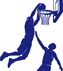 Silhouette of basketball player dunking ball into hoop over defending opponent during game © Nabil