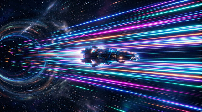 Spaceship flying at warp speed, vivid blue pink teal neon horizontal light trails, spiral galaxy background, sci-fi digital illustration