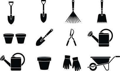 Gardening tools vector silhouette collection featuring shovel rake plant pot shears watering can wheelbarrow and working gloves set (18 words) © Rony