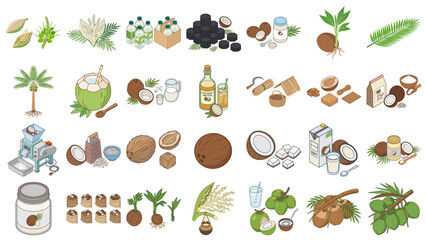 Isometric Illustration Set of Various Coconut Products and Production Stages © Sania