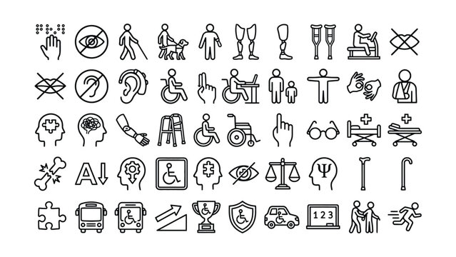 Black and white line icons set for accessibility health care and disabilities concepts with various symbols  disability awareness signs and more