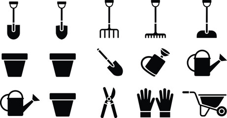 Gardening tools vector silhouette collection featuring shovel rake plant pot shears watering can wheelbarrow and working gloves set (18 words) © Rony