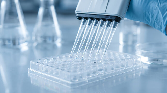 A gloved hand uses a pipette to transfer liquid into a microplate in a laboratory setting with science equipment.