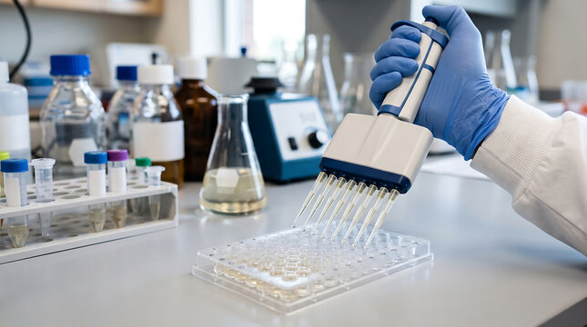 A scientist carefully handles a pipette over a microplate in a laboratory setting with various equipment and bottles nearby.