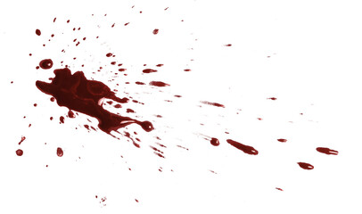 Dark red blood splatter with scattered drops, isolated on transparent cutout background