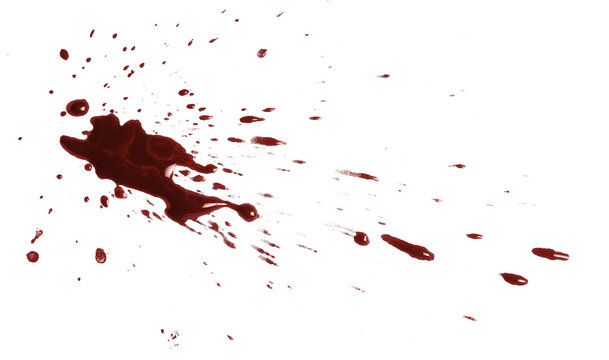 Dark red blood splatter with scattered drops, isolated on transparent cutout background