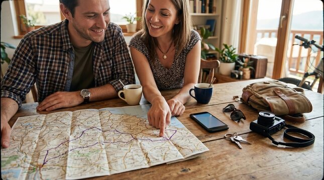 Couple Planning Road Trip With Paper Map At Home