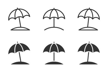 Obraz premium Set of six beach umbrella icons in outline and solid styles on white background.