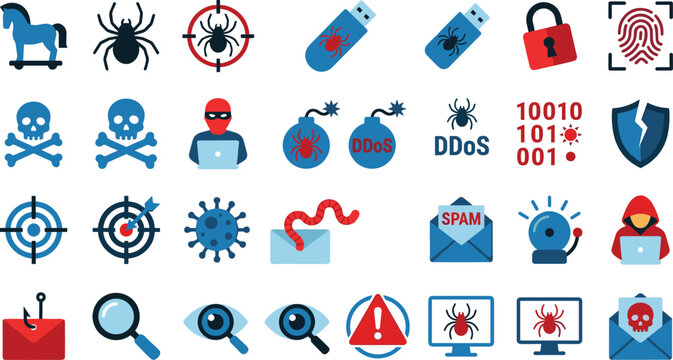 Cyber security and hacker malware icons set featuring trojan horse virus ddos attack phishing phishing skull and spyware vector illustration isolated on white background.