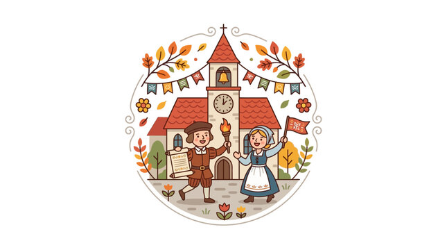 Cute Autumn Festival Celebration with Traditional Characters and Church
