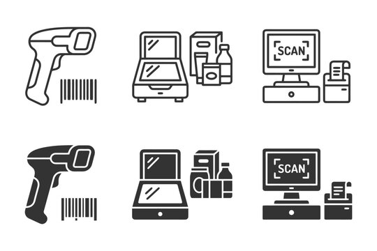 Barcode scanner and checkout systems icons: point of sale technology.