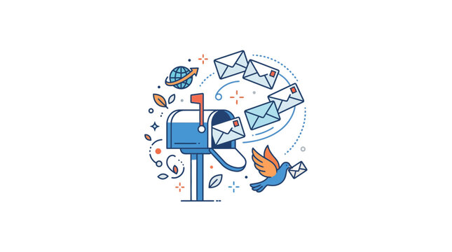 Creative Illustration of Mailbox with Flying Letters and Bird