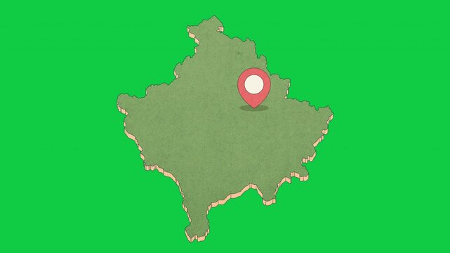 Animated Kosovo Map with Bouncing Location Marker on Pristina City, Transparent Background, Alpha Channel, 4K resolution