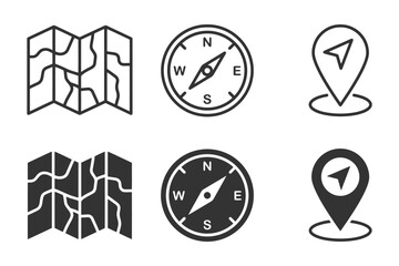 Fototapeta premium Map, compass, and location pin icons for navigation and travel concepts.