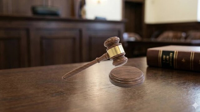 Judge Gavel on Courtroom Desk with Law Book, Symbolizing Justice and Legal Authority