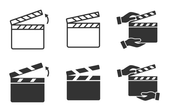 Set of six movie clapperboard icons in different styles and positions.