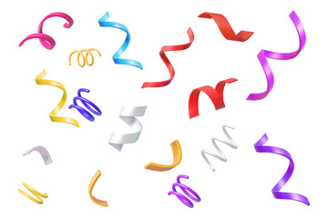 Fototapeta premium Colorful 3 d party confetti ribbons and swirling paper streamers for festive celebrations and joyful holiday... isolated on a transparent background