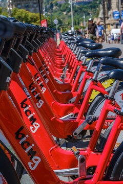 Bicing Public Bicycle Sharing System Station At Passeig De Colom, Red Bikes Row, Columbus Monument Area, Eco Transport, Tourism, Barcelona
