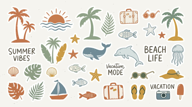 Summer vacation icons display beach life and travel mode with palm trees and sea creatures