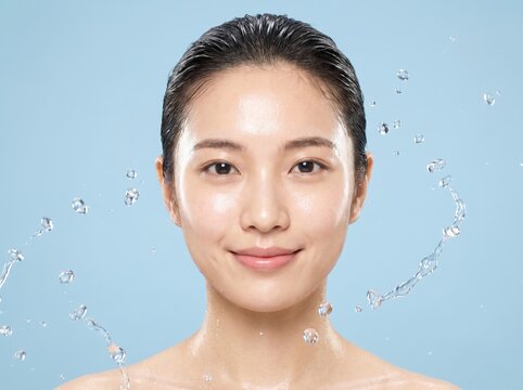 Beautiful Young Asian Woman Smiling with Water Splash for Hydrating Skincare Concept