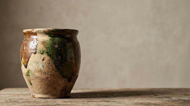 Rustic vintage ceramic pot on a weathered wooden table