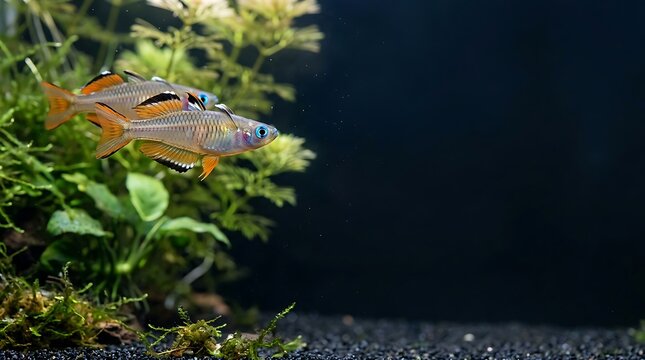 Orange rainbowfish swimming in a planted aquarium with copy space