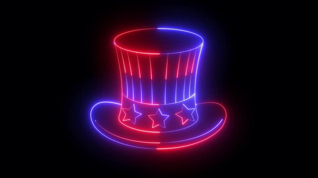 glowing neon Patriotic American top hat icon isolated on black background. Uncle Sam hat. American hat independence day featuring American flag stars and stripes for Fourth of July celebrations.