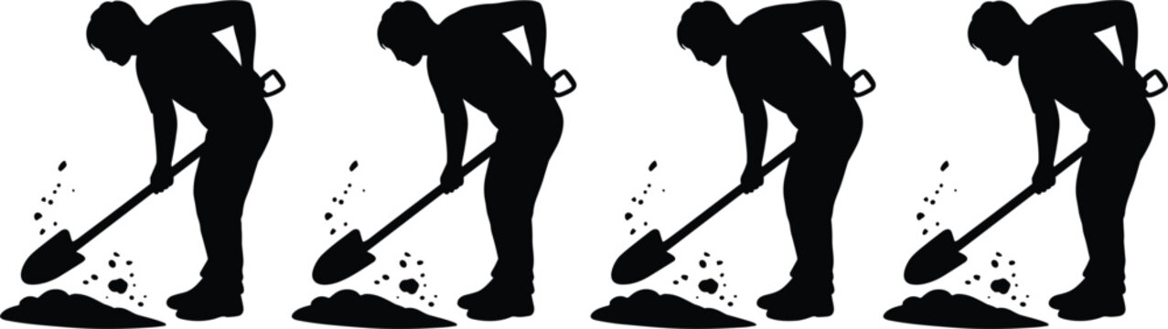 Construction worker silhouette icons set with man digging soil using shovel tool vector graphic elements