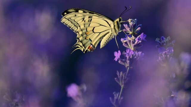 Swallowtail butterfly drinking nectar from purple lavender bringing pollination to the field
