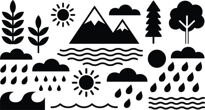 Nature and weather silhouette icons set with mountain, tree, sun, cloud, rain and wave vector elements