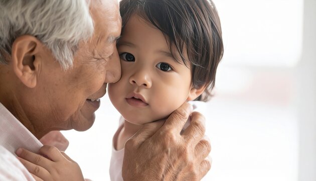 Elderly hands gently hold a young child's face, showcasing intergenerational family love and connection