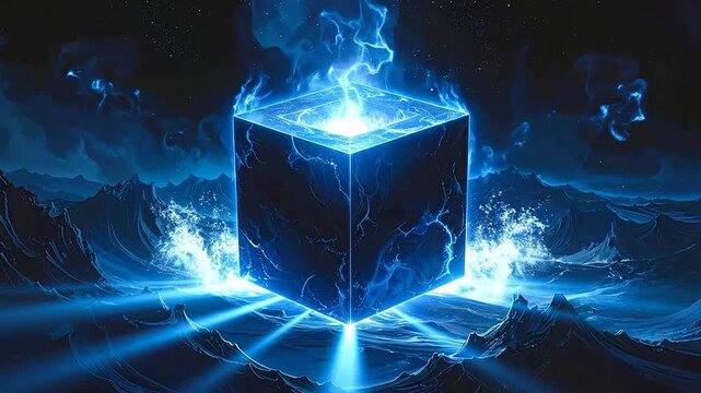 A glowing blue cube floats above a dark and stormy ocean surface