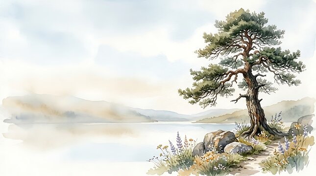 Lone pine tree on a rocky shore overlooking a calm mountain lake