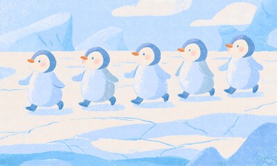 Obraz premium a cartoon illustration of five baby penguins walking in a line from left to right across a frozen, icy landscape. 
