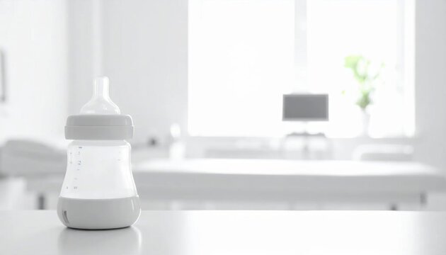 A clean baby bottle with a gray nipple and lid sits on a bright, modern kitchen surface, ready for feeding time.