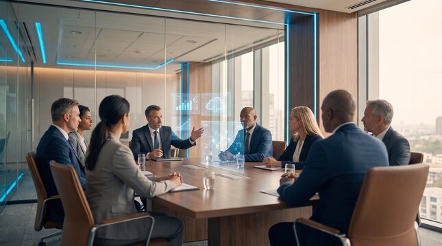 Business meeting with AI data analytics dashboard in modern corporate boardroom, diverse executive team discussing cloud technology strategy and digital transformation