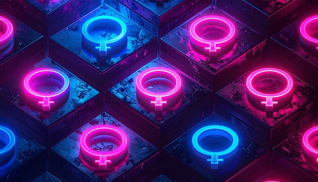 Abstract Neon Female Symbols on Geometric Grid Background with Blue and Pink Lights