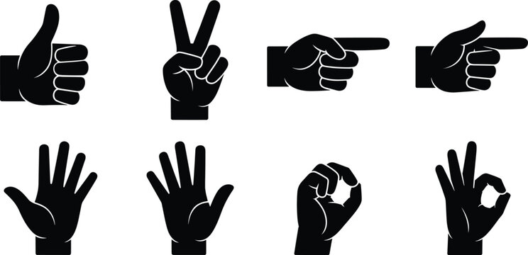 Hand gestures vector silhouette set featuring thumbs up peace sign pointing finger ok sign and fist icon collection (18 words)