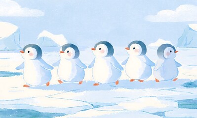 Fototapeta premium a cartoon illustration of five baby penguins walking in a line from left to right across a frozen, icy landscape. 