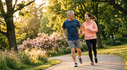 Fototapeta premium Older Asian couple jogging in the park. Senior man and woman running outdoors. Healthy aging and active retirement lifestyle