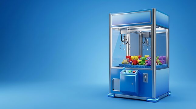 Blue claw crane machine filled with plush teddy bears