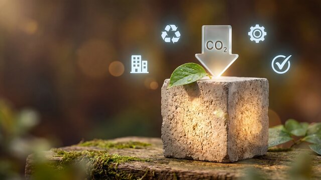 Concrete block with green leaf and CO2 reduction arrow recycling factory and gear icons showing carbon emission decrease net zero sustainability eco friendly industry and climate solution concept