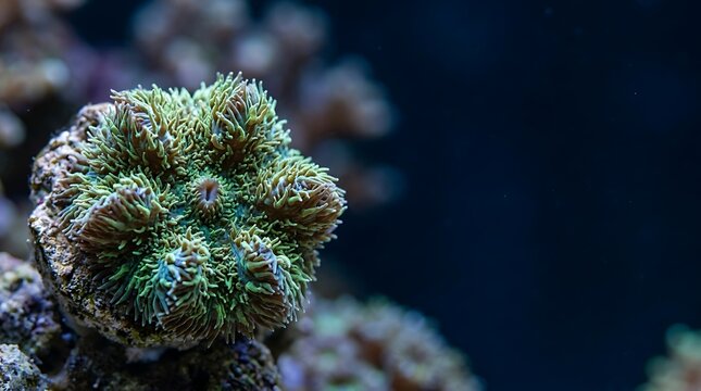 Macro view of a vibrant green coral polyp in a saltwater aquarium