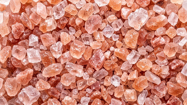 Himalayan Pink Salt Crystals Full Frame Close-Up Flat Lay Background &mdash; Large Collection of Coarse Raw Rock Salt Chunks in Pink Peach and White for Food and Wellness Concepts