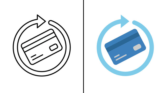 Credit Card Return Icon Set with Arrow Circle Outline and Filled Style