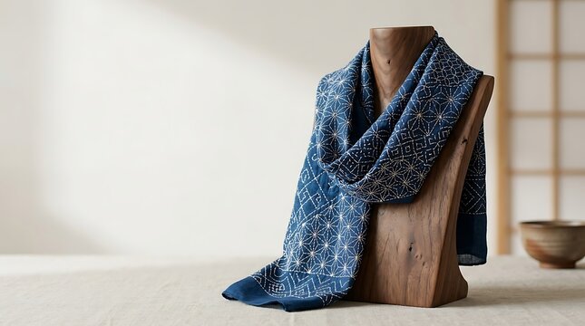 Blue sashiko patterned scarf on a wooden stand in a minimalist room