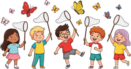 Happy children catching colorful butterflies with nets vector illustration isolated on white background depicting diverse kids playing outdoors together in summer season. © Mifta